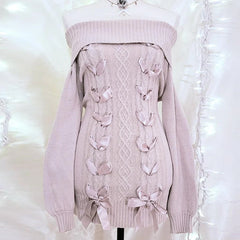 Cottage Fairy 00s Vintage Knitted Dress Japanese Off Shoulder Pullovers Mini Dress Fairy Y2K Kawaii Tie Up Retro Sweater Dress