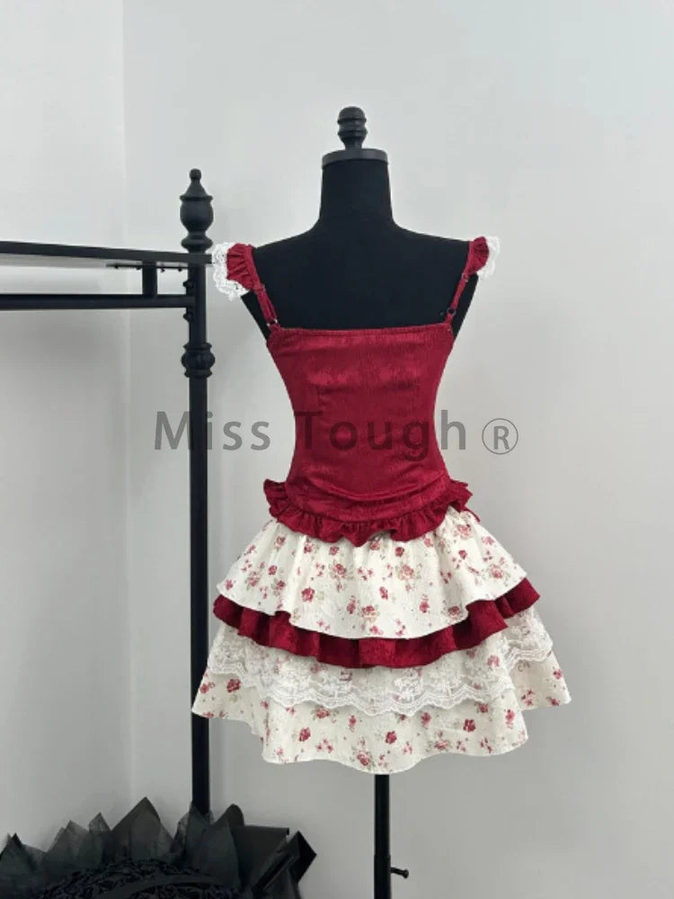 Hnewly France Vintage Slim Square Neck Print 2 Piece Set Women Sweet Cute Lace Bow Patchwork Tops Female + High Waist Short Skirt