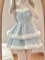 Hnewly Winter Kawaii Lolita 2 Piece Dress Set Sweet Short Coat Warm + Cute Fashion Y2k Mini Dress Party Japanese Style Suit Woman