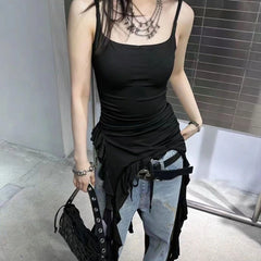 Hnewly Sexy Tank Top Asymmetrical Black Y2k Women Ruffle Grunge Backless Coquette Fashion Streetwear Tops Solid Aesthetics