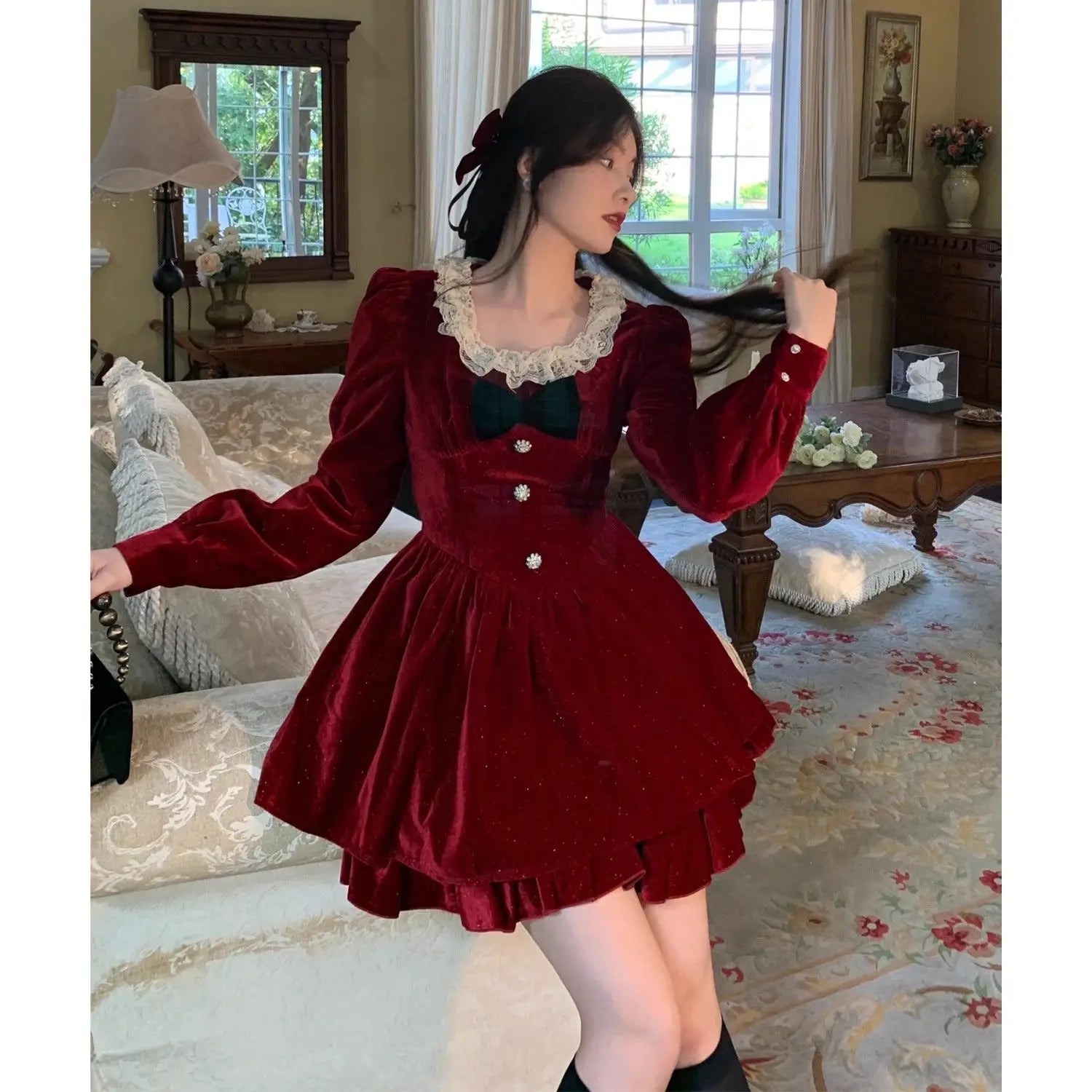 Hnewly New Year Dress Gagarich Fashion Red Velvet Dress Princess Style Palace Retro French Temperament Slimming Birthday Autumn Winter Women Vestidos