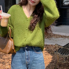 Hnewly FALL OUTFITS Autumn New V Neck Knitted Cashmere Cardigan Women Korean Casual Solid Color Single Breasted Long Sleeved Sweater Outwear