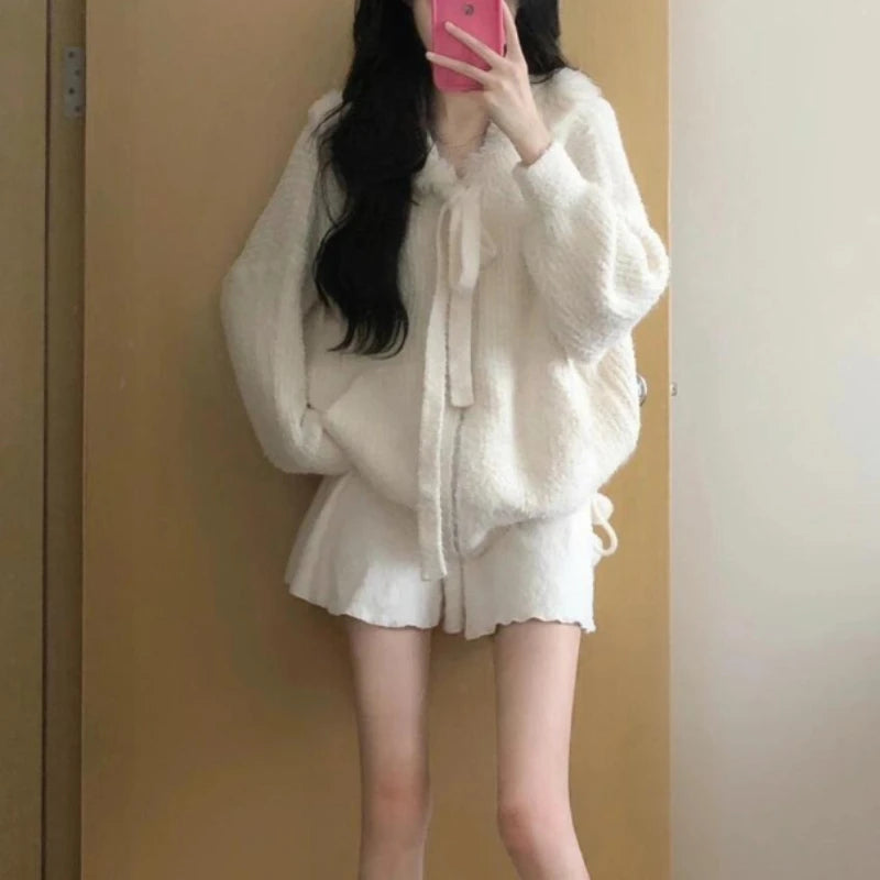 Hnewly Kawaii Sweet Knitted Cardigan Women Elegant Zip Up Hooded Cardigan Cute Japanese Style Solid Autumn Winter Sweater Coat