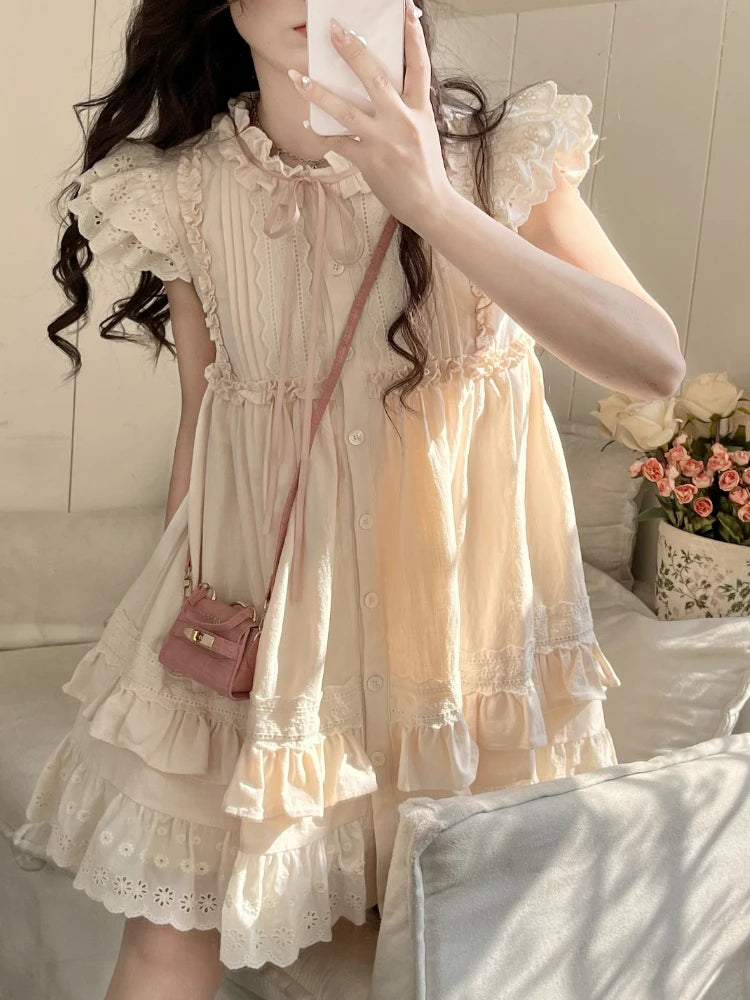 Summer Lolita Kawaii Mini Dress Women Flying Sleeve Japanese Sweet Cute Dress Female Korean Style Ruched Fairy Dress