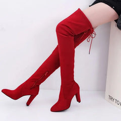 Hnewly Winter Over The Knee Women Boots Stretch Fabrics High Heel Slip On Shoes Pointed Toe Woman Long Boots Size Plus Size34-43