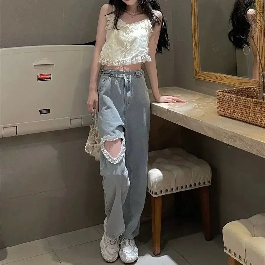 Hnewly Harajuku Cyber Y2k Trousers Sweet Korean Style Kawaii Lace Stitching Jeans Women Love Hole Streetwear High-waist Wide-leg Pants