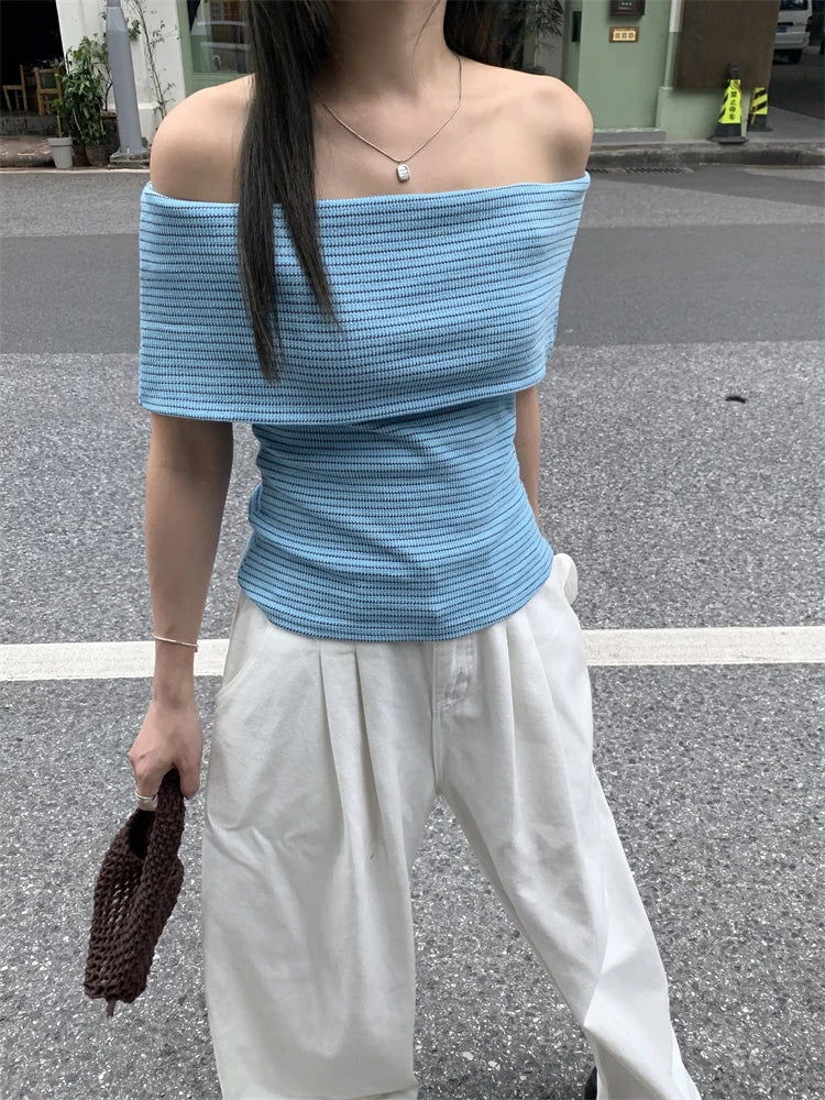 Hnewly Chic Women Sexy Off Shoulder T-shirt Summer Knitting Stripe Slim Crop Top Y2K Vintage Harajuku White Tee Elegant Female Clothes