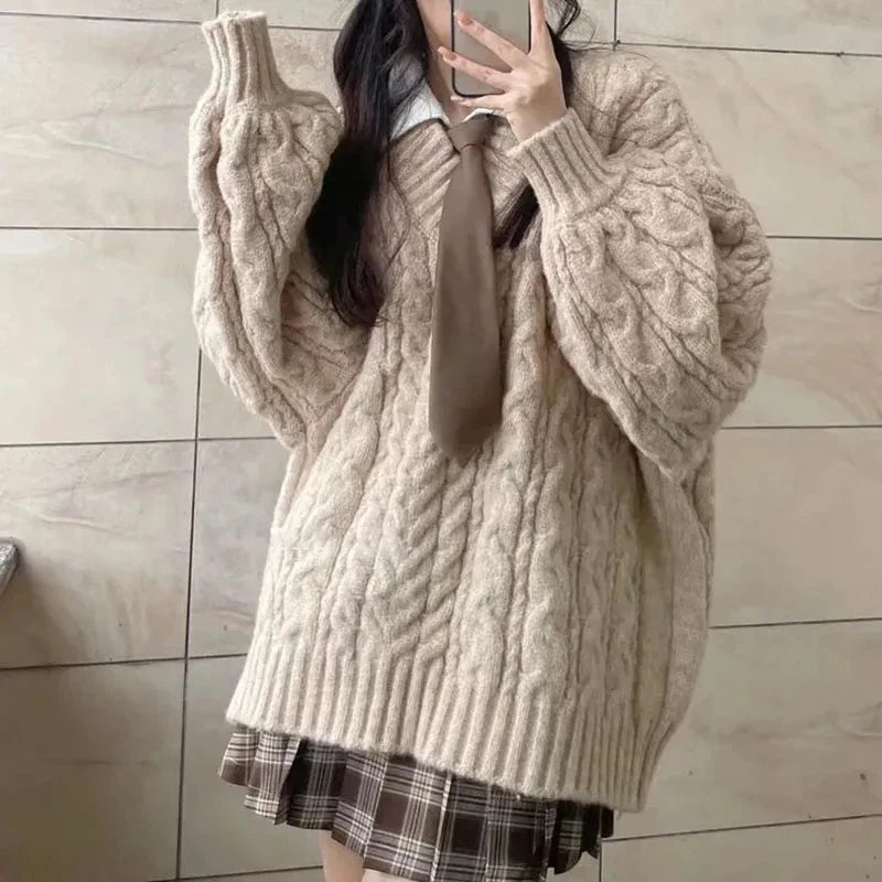 Hnewly Autumn Winter Women Sweater Harajuku Oversized Knitted Pullovers Korean Long Sleeve V Neck Knitwear Preppy Solid Loose Jumper