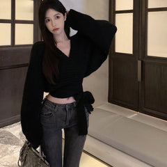 Hnewly Sexy Vintage Knitted Pullover Women Black Sweater Lace Up Crop Tops Korean Style Long Sleeve Pullovers Solid Aesthetics