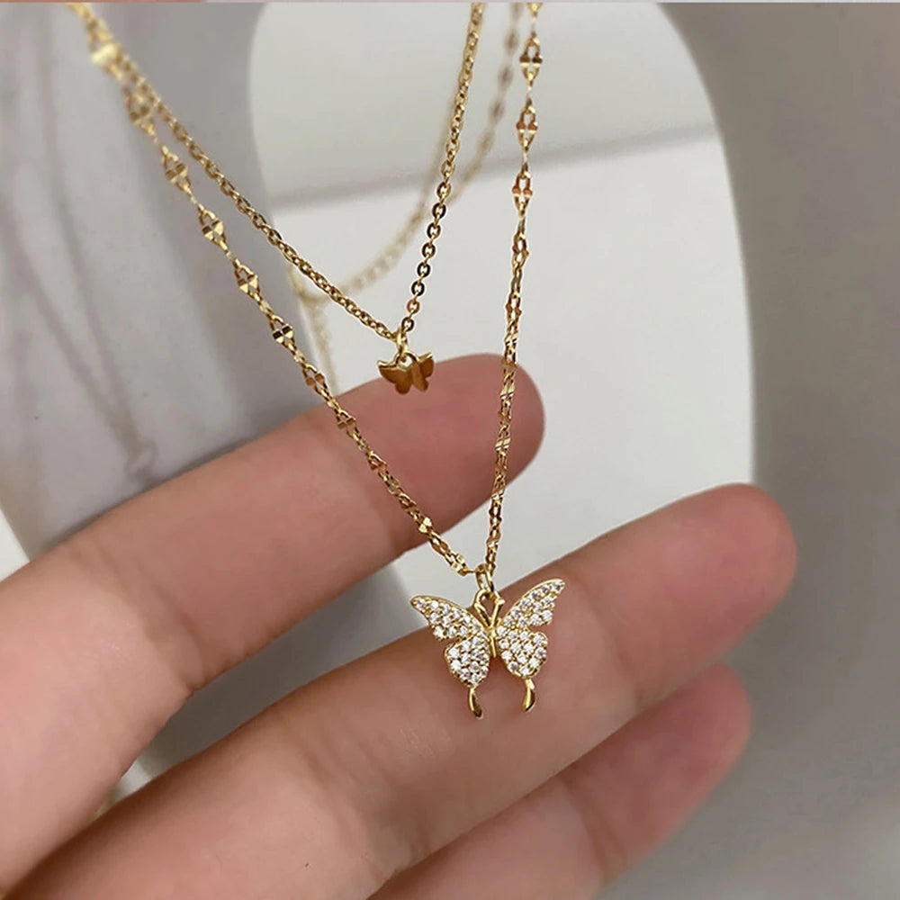 Hnewly Simple Double Layer Star Moon Charm  Multilayered Necklace Delicate Clavicle Chain Zircon For Women Fashion Jewelry