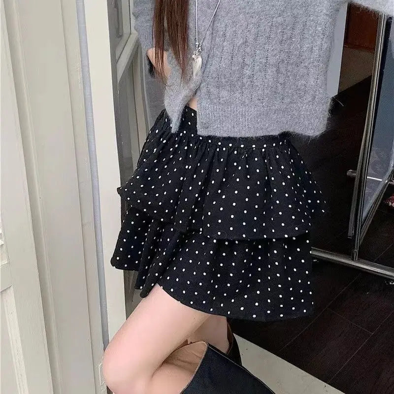 Hnewly Sweet Kawaii Mini Skirt Women Grey Korean Style Elegant Dot Short Skirts Coquette Fashion High Waist Cute Ruffle Skirt