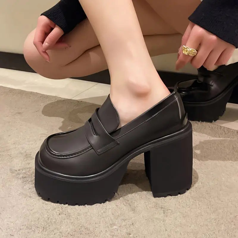 Hnewly High Heels Loafers Women Shoes Retro Chunky Heels Pumps Woman Uniform College Platform Mary Jane Shoes Ladies fashion