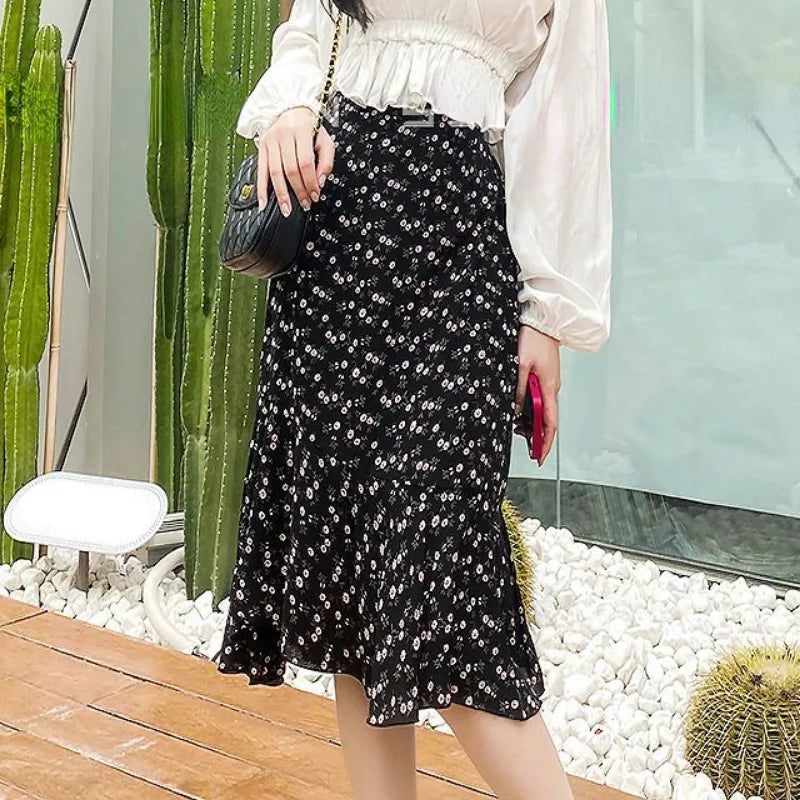 Hnewly Floral Skirts for Women Midi Clothing Maxi Long Chiffon Flare Womens Skirt Fashion Chic and Elegant High Quality Aesthetic Trend