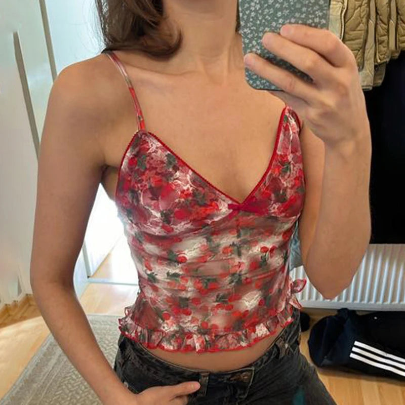 Hnewly Vintage y2k Mesh Crop Top Women Summer Floral Print Sleeveless Patchwork Spaghetti Strap Tops Ladies Sexy Aesthetic Tees