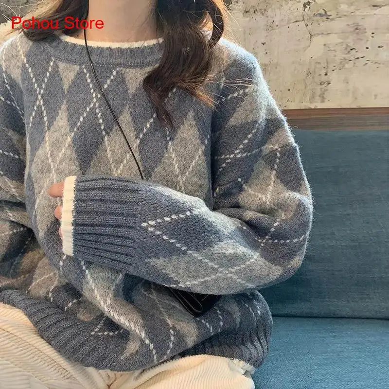 Hnewly comfy outfits winter Winter Argyle Loose Knitted Sweater Pullovers Sweater Korean College Style Women Jumper