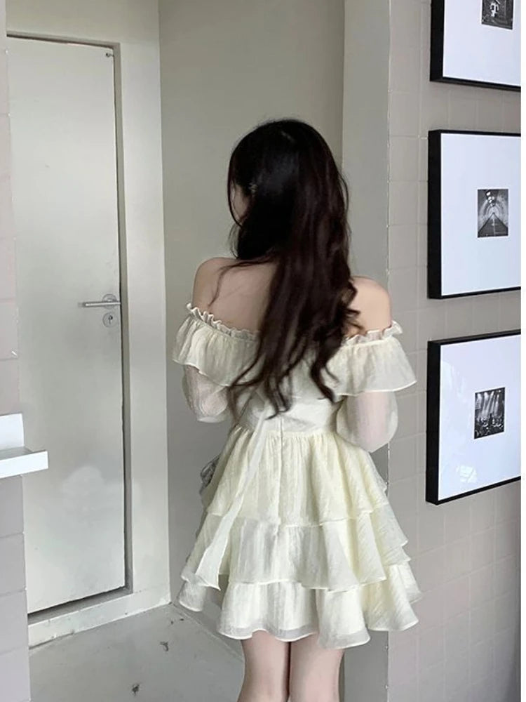 Hnewly Summer Elegant Ruffles Fairy Dress Women Casual Sweet Lolita Party Dress Long Sleeve One Piece Dress Korean Female Fashion