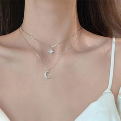 Hnewly Simple Double Layer Star Moon Charm  Multilayered Necklace Delicate Clavicle Chain Zircon For Women Fashion Jewelry