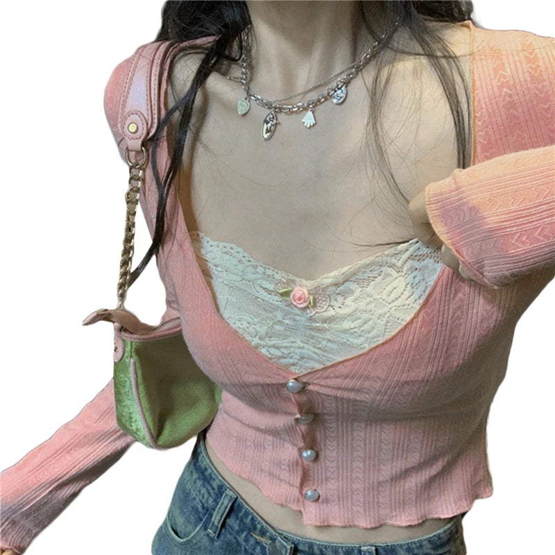 Hnewly Korean Fashion Crop Top y2k Aesthetic Sweet Lace Patchwork Long Sleeve T Shirt with Bow 2000s Women Clothes Streetwear