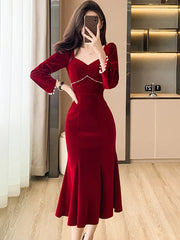 Hnewly Women Red Velvet Elegant Christmas Dress Autumn Winter Chic Diamonds Square Collar Luxury Dress Korean Vintage Night Dress