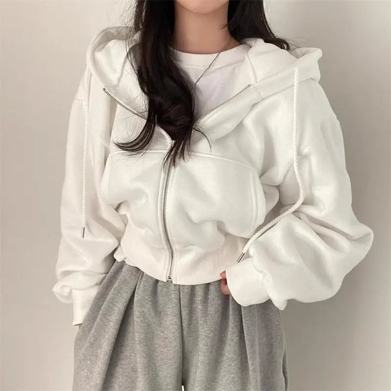 Hnewly casual winter outfits Short hooded Sweatshirt Women Y2K Zip Up Hoodies Harajuku Long Sleeve Tops Oversized Crop Top Female Loose Jackets Coat