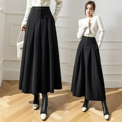 Hnewly Vintage Winter Woolen Long Skirts For Women Streetwear High Waist Pleated Maxi Skirt Big Swing Folds A-Line Jupe Longues Femme