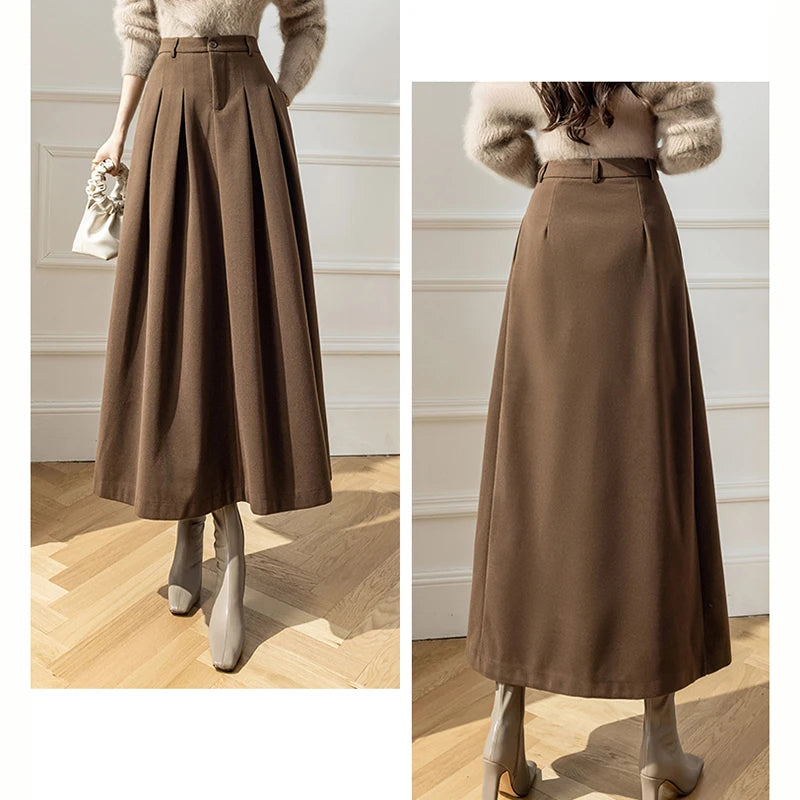 Hnewly Vintage Winter Woolen Long Skirts For Women Streetwear High Waist Pleated Maxi Skirt Big Swing Folds A-Line Jupe Longues Femme