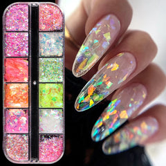 Hnewly 12 Grids Aurora Chameleon Nail Glitter Flakes Irregular Crystal Glass Sequins Powder Shiny Mermaid Paillette Nail Art Decoration