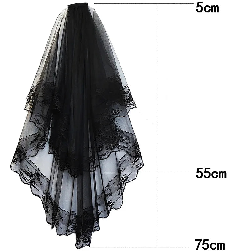 Hnewly 2 Tier Black White Flower Lace Edge Bridal Veils with Comb Elegant Vintage Wedding Cosplay Performance Hair Accessories