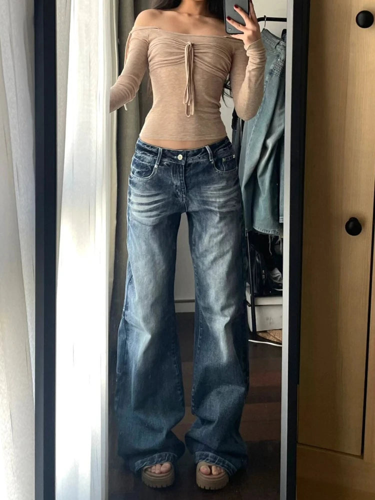 Hnewly BACK TO SCHOOL OUTFIT Y2k Vintage Baggy Wide Leg Jeans for Women Washed Casual High Waist Loose Denim Pants Streetwear Korean Flared Trousers