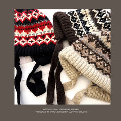 Hnewly warm winter outfits Women Ethnic Style Striped Spliced Knitted Woolen Hat for Autumn and Winter Thickened Warm and Cold Resistant Ear Protection