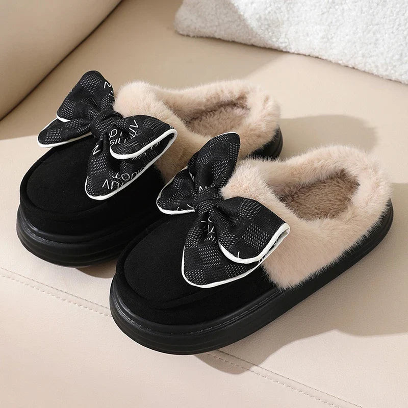 Hnewly Women's Warm Home Slippers Cute Autumn Winter Bow Thick Plush Non-Slip Leisure Shoes Soft Bedroom Platform Flat Slides