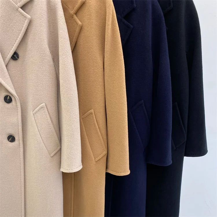 Hnewly High-end Double-sided Cashmere Coat Women Mid-length New Fashion Thick Double-breasted Long Sleeve Woolen Coat Fit Autumn Winter