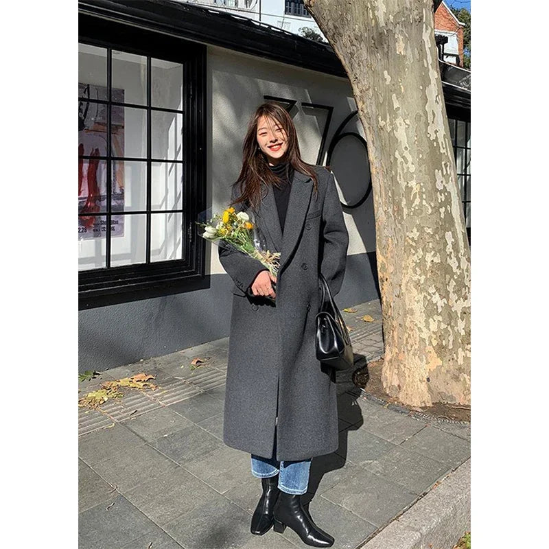 Hnewly outfit inspo winter Long Wool Blends Coats Women Streetwear Black Blazer Korean Quilted Woolen Jackets Winter Elegant Overcoat Thick Outerwear