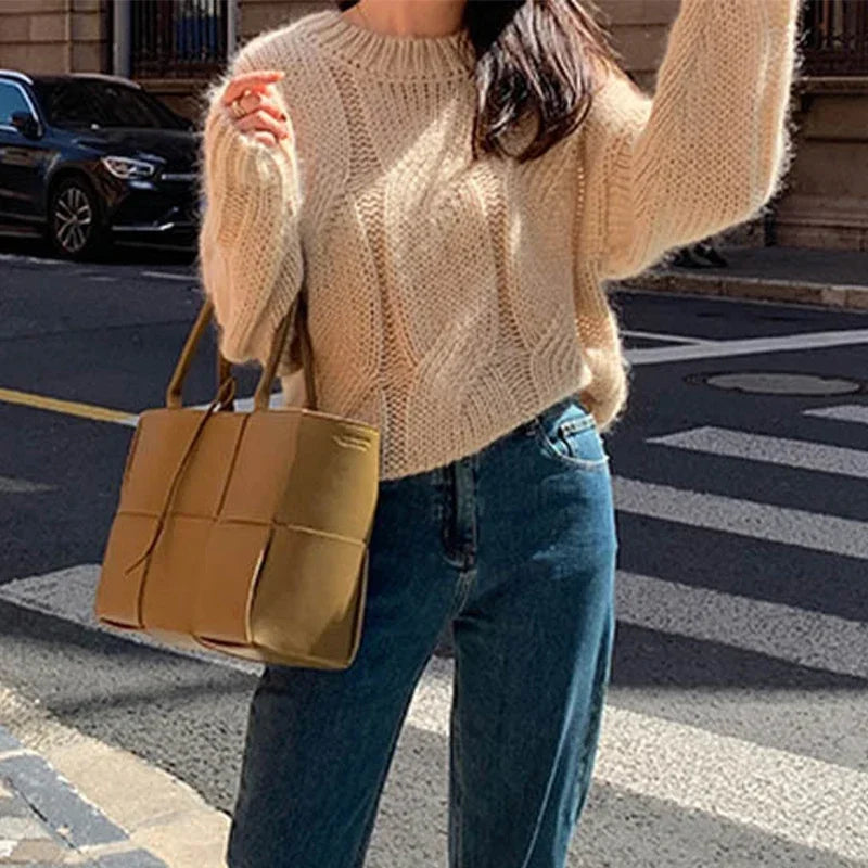 Hnewly Women Sweaters y2k Clothes Solid Color Round Neck Long Sleeve Cable Knitted Pullover Tops 2000s Clothing Streetwear