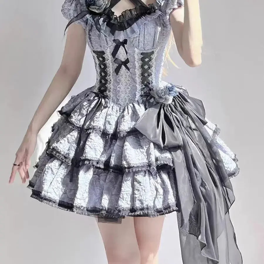 Hnewly DRESS TO IMPRESS Gothic Lolita Jsk Dress Women Victorian Retro Elegant Flower Ruffles Lace Bandage Mini Dress Halloween Girl Sweet Dress