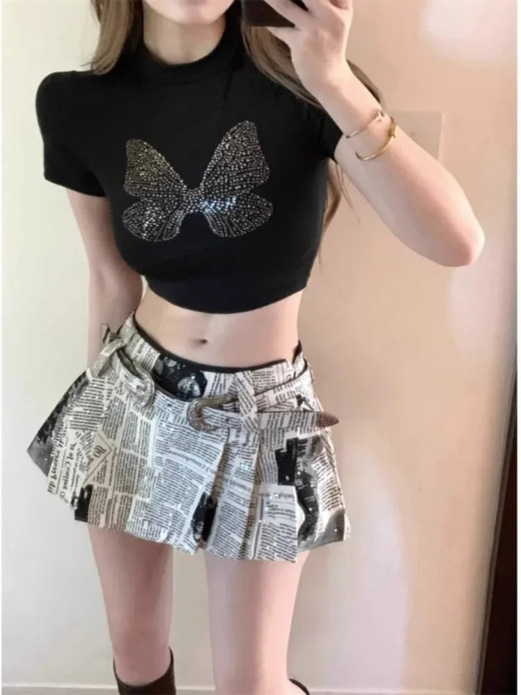 Hnewly American Printed Pleated Skirts Autumn New Low Waisted A-line Skirt for Women Y2k Grunge Faldas Mujer Newspaper