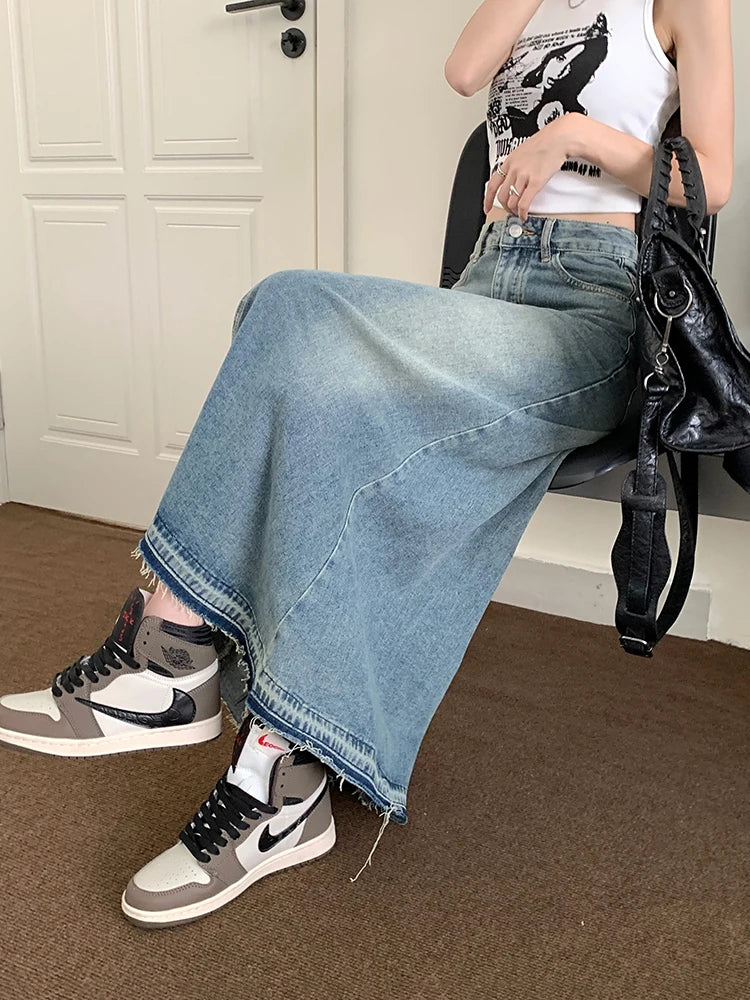 Hnewly Y2k Raw Edge Stitch Maxi Denim Skirt Plain Casual High Waist Long Jeans Skirt Korean Dongdaemun Retro Women Streetwear