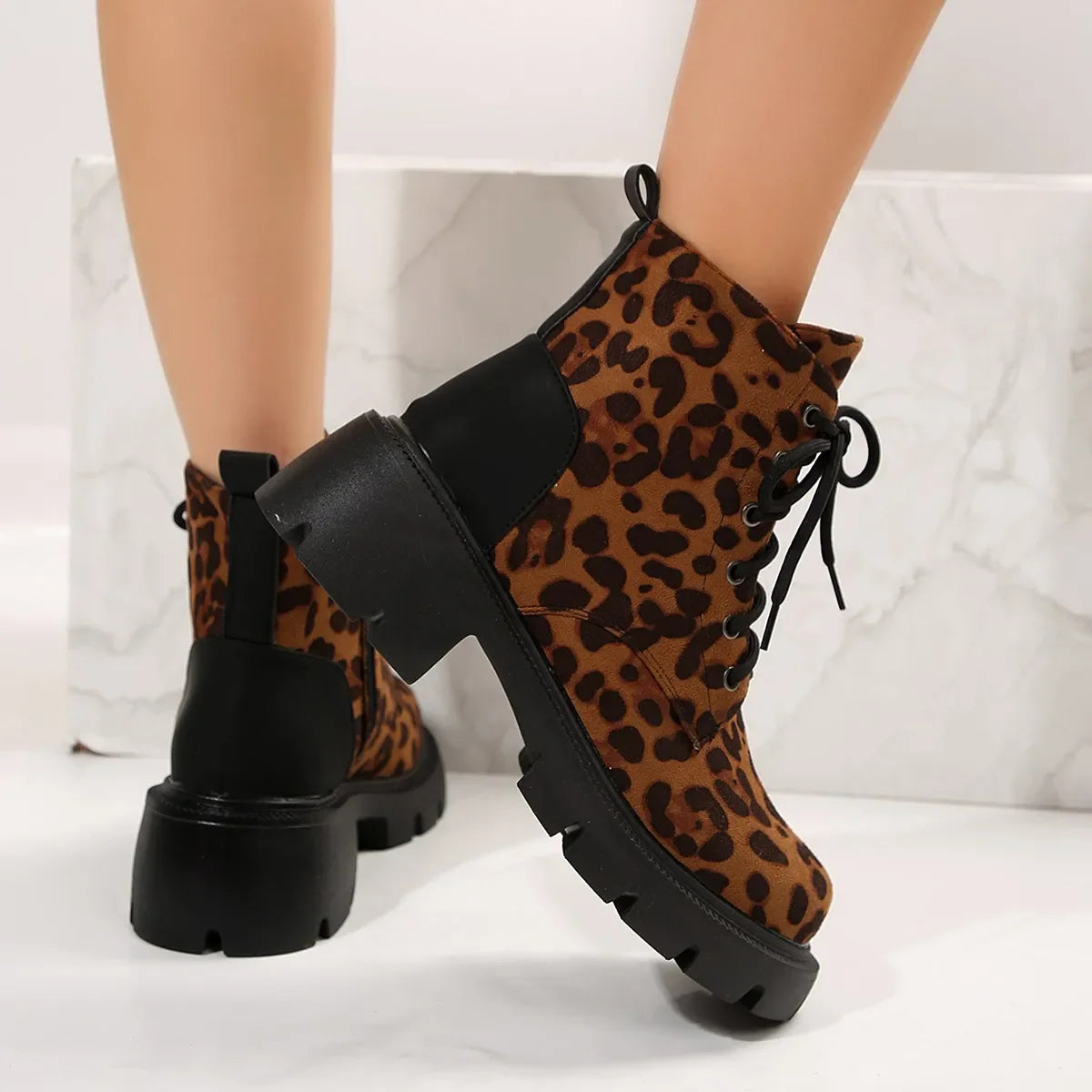 Hnewly Sexy Leopard Ankle Boots for Women Autumn Winter Low Square Heels Plus Size 43 Short Booties Shoes Woman Motorcycle Boots