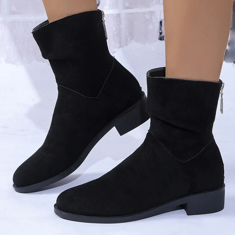 Hnewly Autumn Womens Solid Pleated Ankle Boots Fashion Faux Suede Square Heel Boots Ladies Round Toe Back Zipper Office Shoes Boats