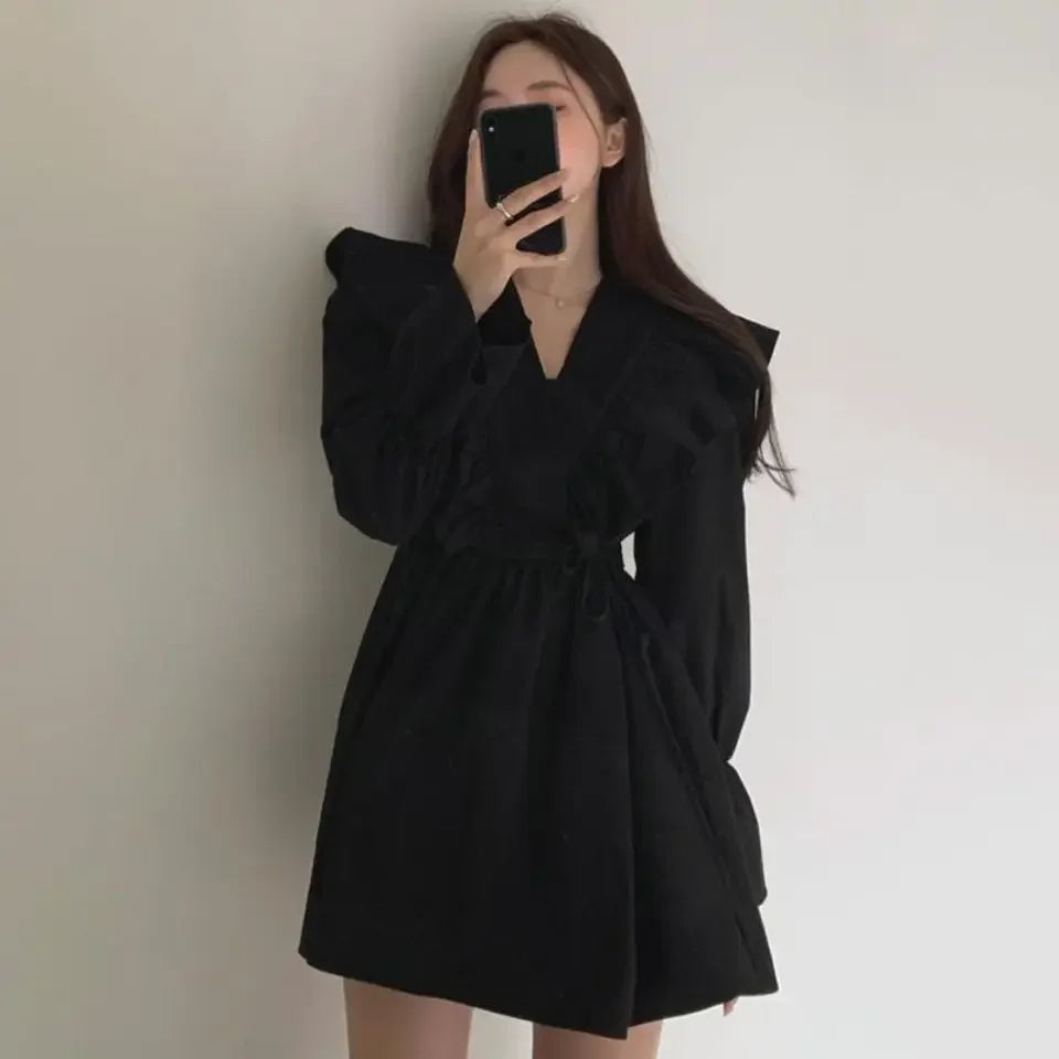 Hnewly Dresses for Women Spring Short Mini Clothes Ruffle Woman Dress Long Sleeve Outfits Summer Cheap Casual Retro