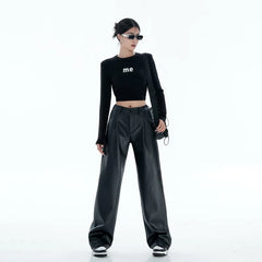 Hnewly Black PU Leather Pants Women Casual Korean Fashion Baggy High Waist Straight Wide Leg Pants Streetwear Y2K Vintage Goth Punk