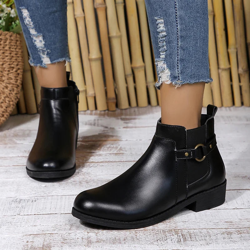 Hnewly Pu Leather Classics Black Thick Heel Ankle Boots Metal Zipper Low Platform Woman Shoes Winter Round Toe Slip On Short Boots