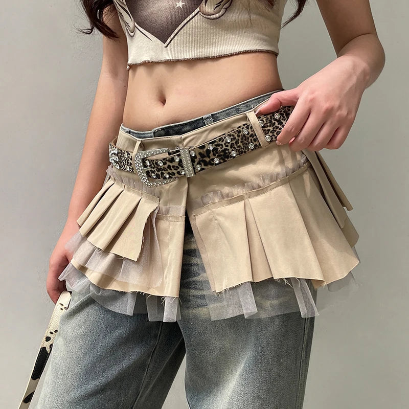 Hnewly Fairycore Grunge A-line Cargo Skirt Khaki Low-waisted Mesh Patchwork Pleated Super-short Skirts Layering Bottoms Street