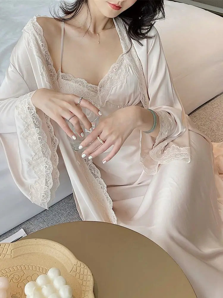 Autumn Silk Sexy Strap Dress Women Lace Vintage V Neck Two-piece Dress Female Causal Elegant Korean Style Long Fairy Dress