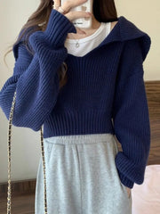 Hnewly Navy Neck V-neck Sweater for Petite Women Loose and Lazy Short Style Worn Outside Pullover Long Sleeved Knit Sweater