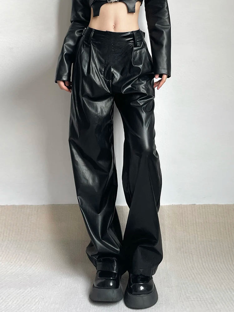 Faux Leather Pants Matching Belt Streetwear Chic Black Baggy PU Trousers Y2K Hip Hop Grunge Loose Straight Sweatpants