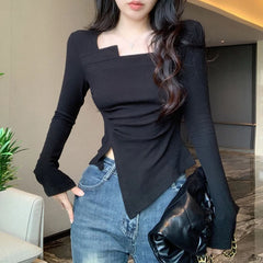 Hnewly Irregular T Shirt for Women Autumn Slim Crop Top Korean Style Long Sleeve Tees Y2k Solid Ladies Tshirts Femme Clothing New