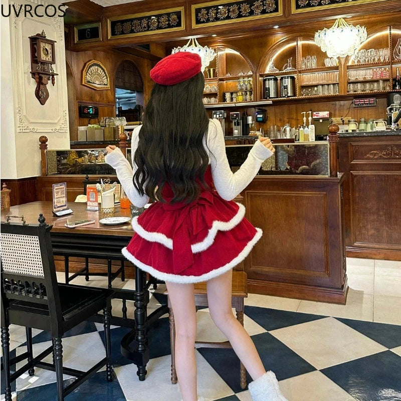 Hnewly NEW YEAR DRESS TO IMPRESS Japanese Kawaii Lolita Dress Sets Women Hooded Shawl Short Jackets Bow Mini Skirt Korean Style Sweet Red Christmas New Year Suit