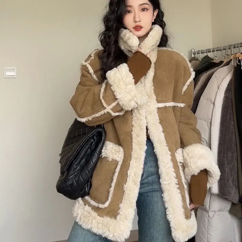 Hnewly Winter Warm Overcoats Women Outwear Casual Y2k Office Lady Vintage Faux Fur Wool Coat Ladies Korean Fashion Khaki Jackets Chic