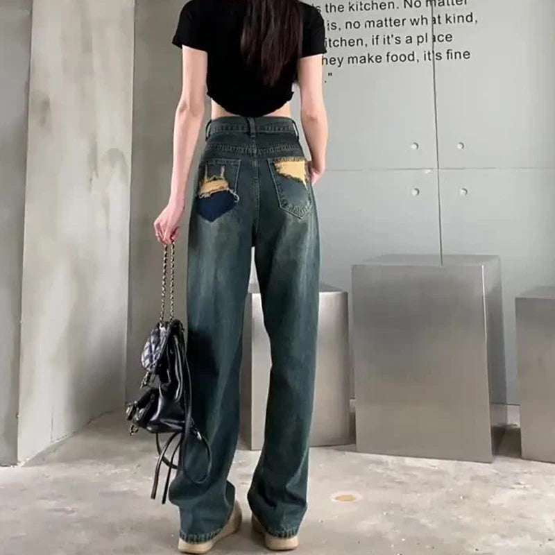 Hnewly Wide Leg Jeans For Women High Waisted Contrasting Straight Leg Pant Autumn lady Loose Pants Streetwear